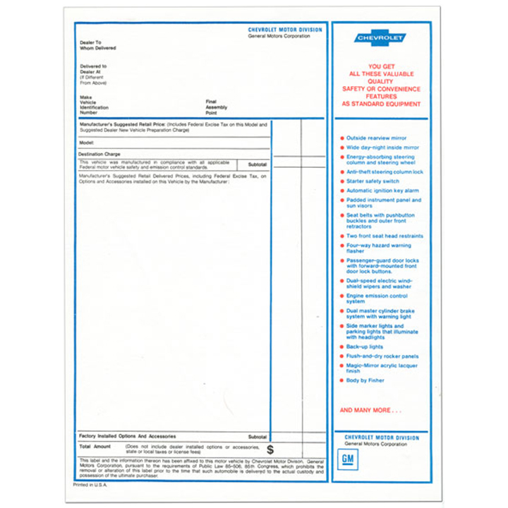 options '69 1969 Chevy Chevelle dealer cost/window sticker list price for car 