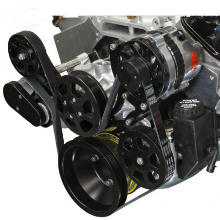 EMS S-Drive Plus Serpentine Pulley System, No AC, Plastic PS Res, Small Block, Gloss Black Anodized