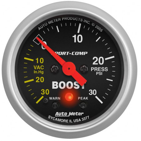 AutoMeter 2-1/16in. Boost/Vacuum Gauge, 30 In Hg/30 PSI, Stepper Motor, Sport-Comp