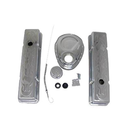 Chevy Small Block Engine Dress Up Kit Short Valve Covers With Embossed Flames