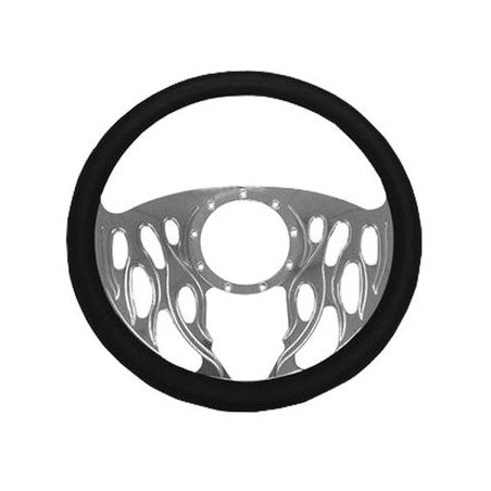 Leather Grip Chrome Plated Aluminum Steering Wheel, Half Flames Style 14 Inch