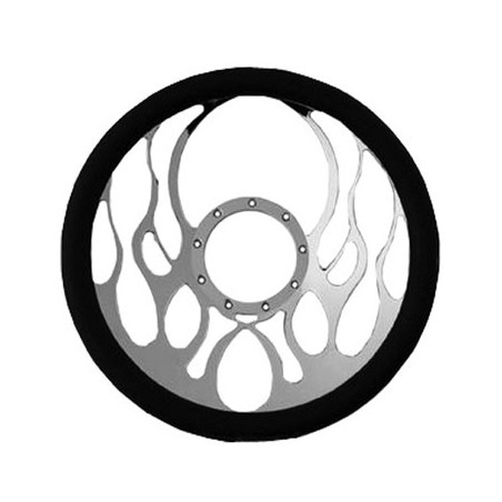 Leather Grip Chrome Plated Aluminum Steering Wheel, Full Flames Style 14 Inch