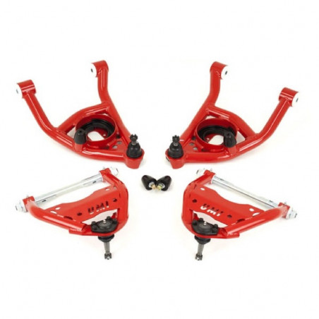 GM A-Body UMI Front A-Arm Kit, 0.5 Inch Taller Upper Ball Joints, All Delrin Bushings, Red