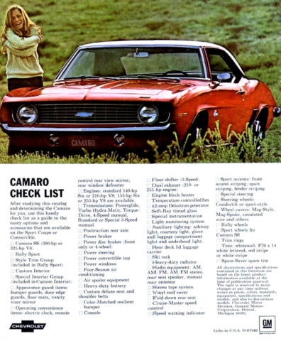 1969 Camaro Order Check-list