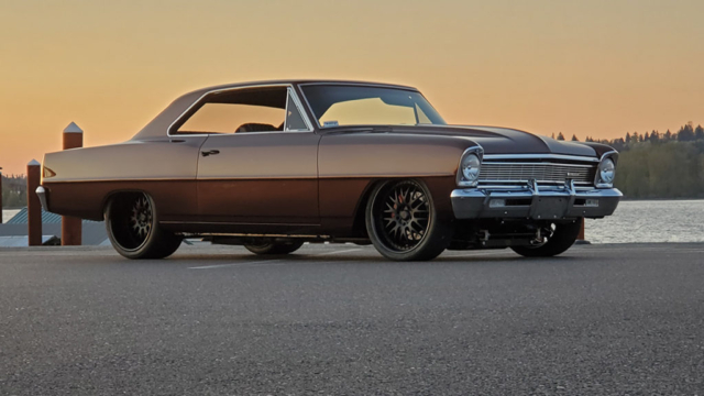 1966 Nova in front of a lake during sunset