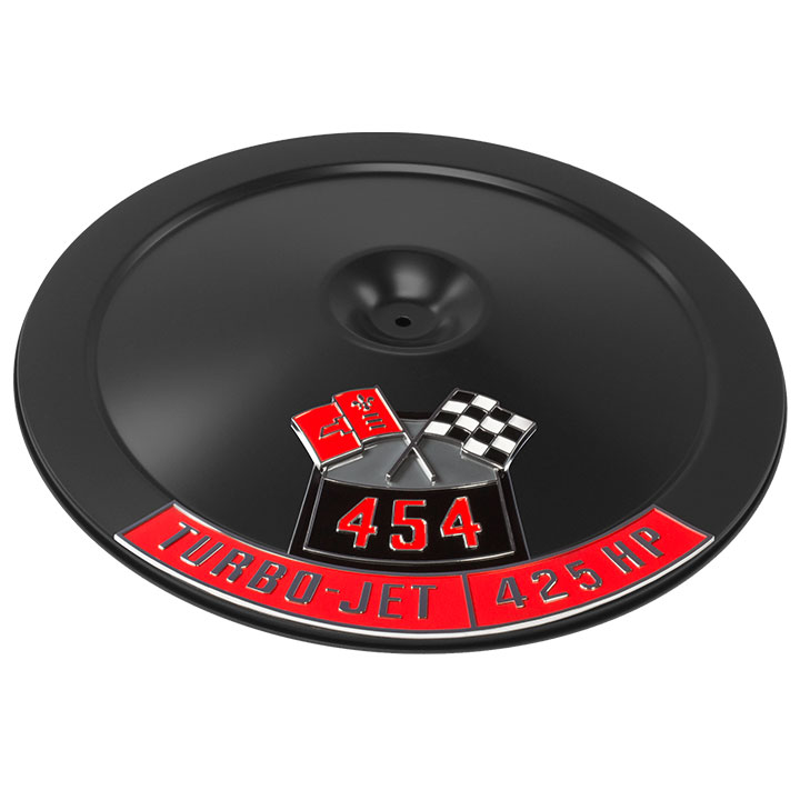 1964-1977 Chevelle 14 Inch Air Cleaner Black Lid With Die Cast Emblems, 454, 425 Horsepower