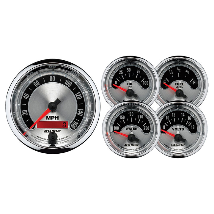 AutoMeter 5 Pc. Gauge Kit, 3-3/8in. & 2-1/16in., Electric Speedometer, American Muscle: 1202