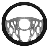 1967-1992 Chevy Camaro Leather Grip Chrome Plated Aluminum Steering Wheel, Half Flames Style 14 Inch