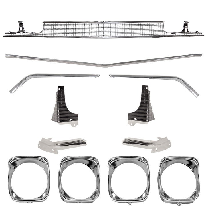 1968 El Camino Grille Kit Silver With Black Accents & Chrome Headlamp Bezels