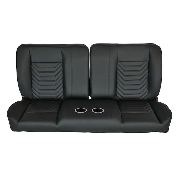 1964-1972 Chevelle Front Bench Seat, Black Vinyl Wide Black Inserts Black Stitch, With Cup Holders