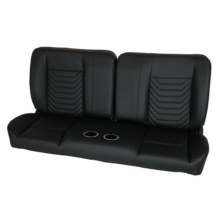 1964-1972 El Camino Front Bench Seat, Black Vinyl Wide Black Inserts Black Stitch, With Cup Holders
