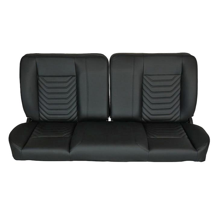 1964-1972 Chevelle Front Bench Seat, Black Vinyl Wide Black Inserts Black Stitch, No Cup Holders
