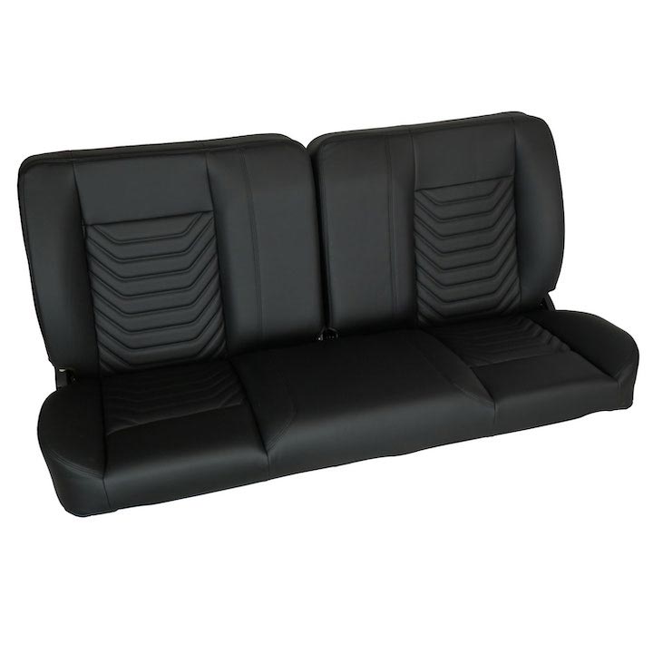 1964-1972 Chevelle Front Bench Seat, Black Vinyl Wide Black Inserts Black Stitch, No Cup Holders