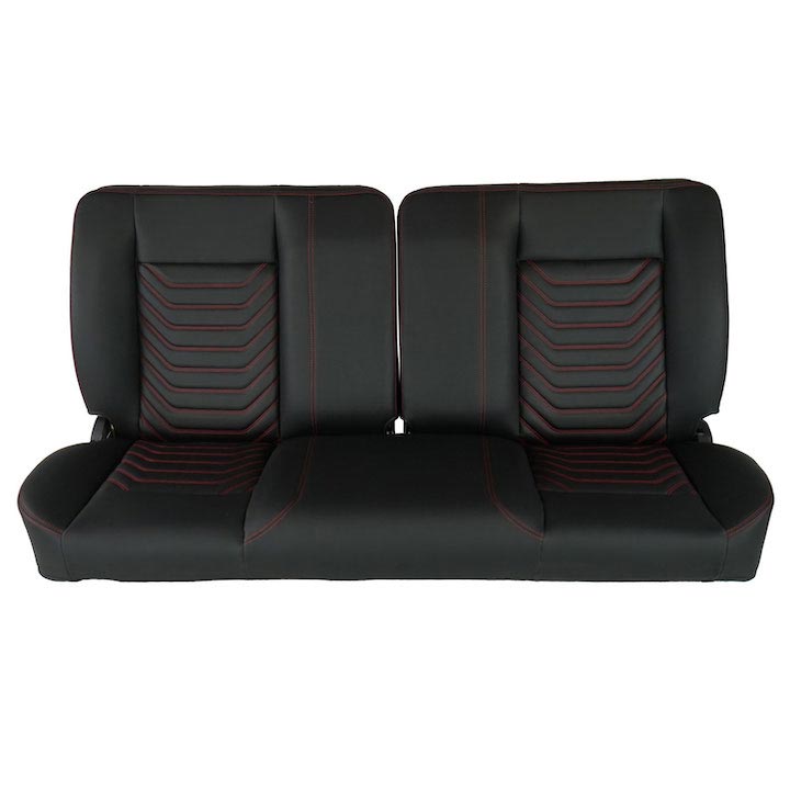 1964-1972 El Camino Front Bench Seat, Black Vinyl Wide Black Inserts Red Stitch, No Cup Holders