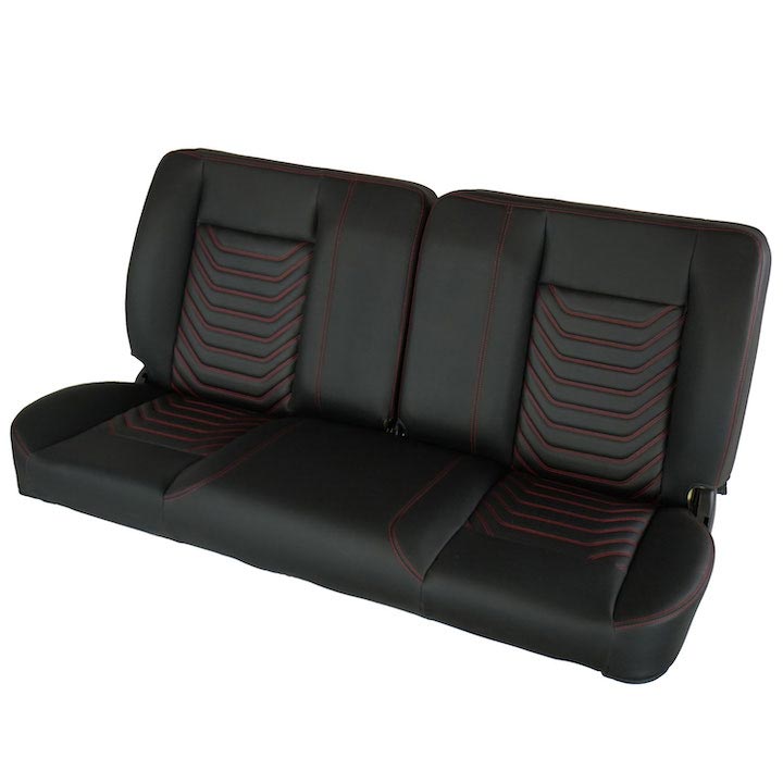 1964-1972 Chevelle Front Bench Seat, Black Vinyl Wide Black Inserts Red Stitch, No Cup Holders