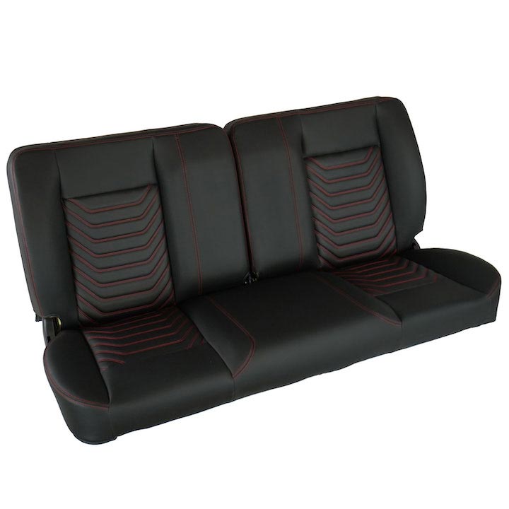 1964-1972 Chevelle Front Bench Seat, Black Vinyl Wide Black Inserts Red Stitch, No Cup Holders