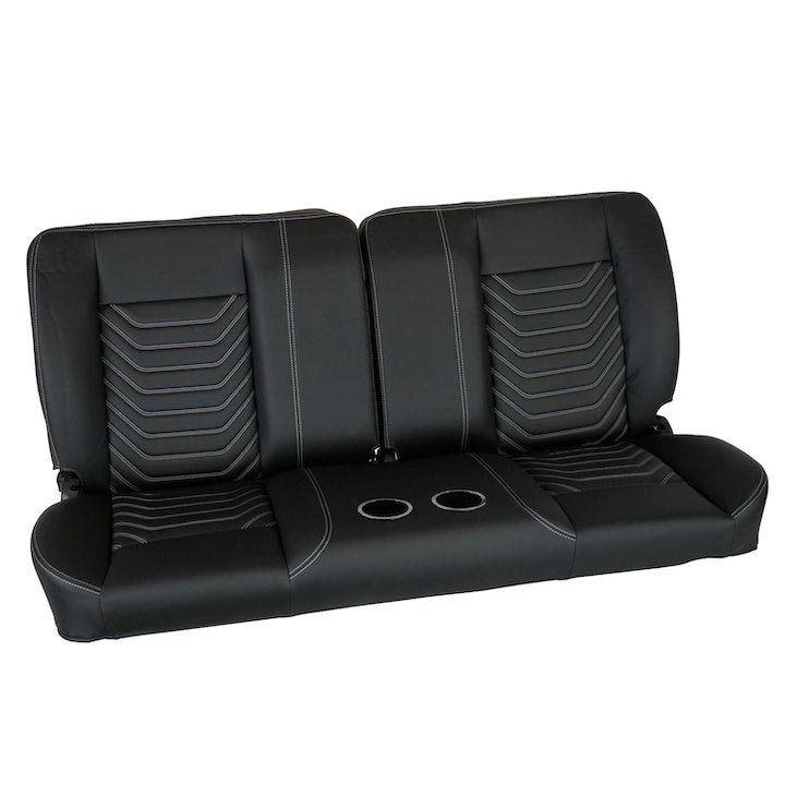 1964-1972 El Camino Front Bench Seat, Black Vinyl Wide Black Inserts White Stitch, With Cup Holders