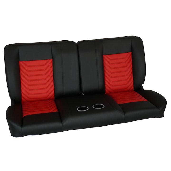 1964-1972 Chevelle Front Bench Seat, Black Vinyl Wide Red Inserts Black Stitch, With Cup Holders