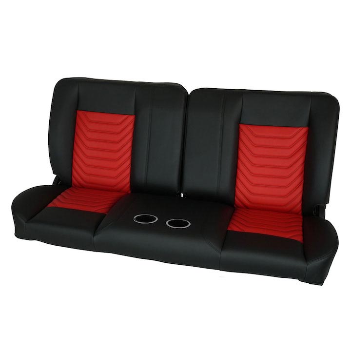 1964-1972 Chevrolet Front Bench Seat, Black Vinyl Wide Red Inserts Black Stitch, With Cup Holders