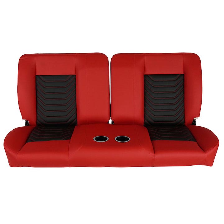1964-1972 Chevrolet Front Bench Seat, Red Vinyl Wide Black Inserts Red Stitch, With Cup Holders