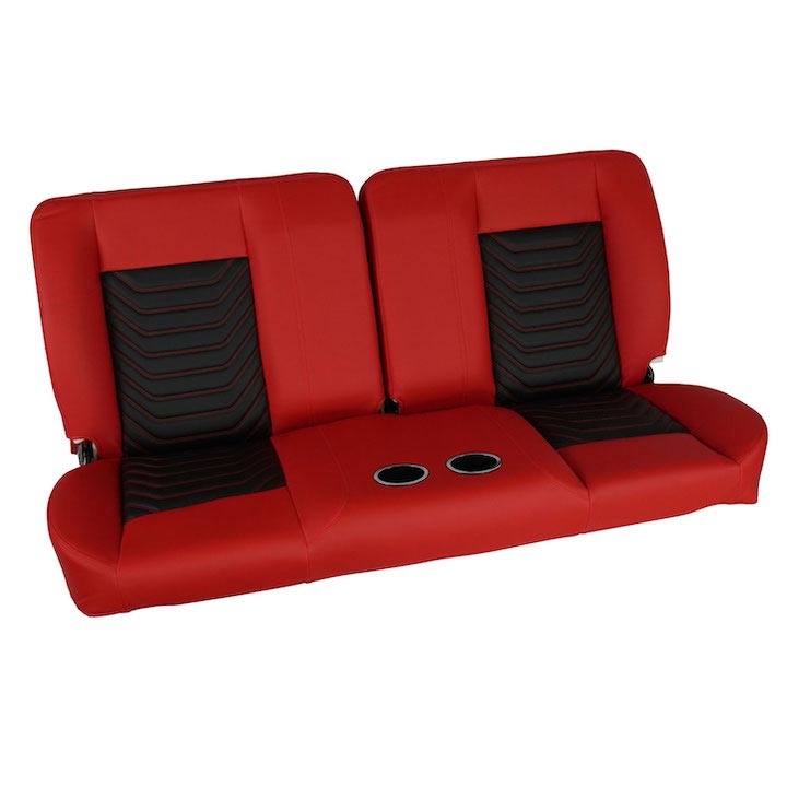 1964-1972 El Camino Front Bench Seat, Red Vinyl Wide Black Inserts Red Stitch, With Cup Holders RM-BA21X2C