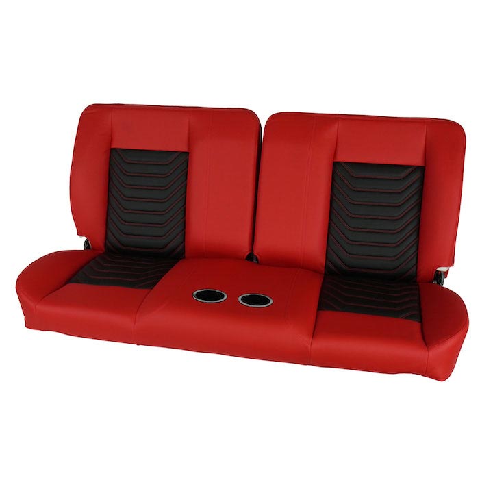 1970-1972 Monte Carlo Front Bench Seat, Red Vinyl Wide Black Inserts Red Stitch, With Cup Holders