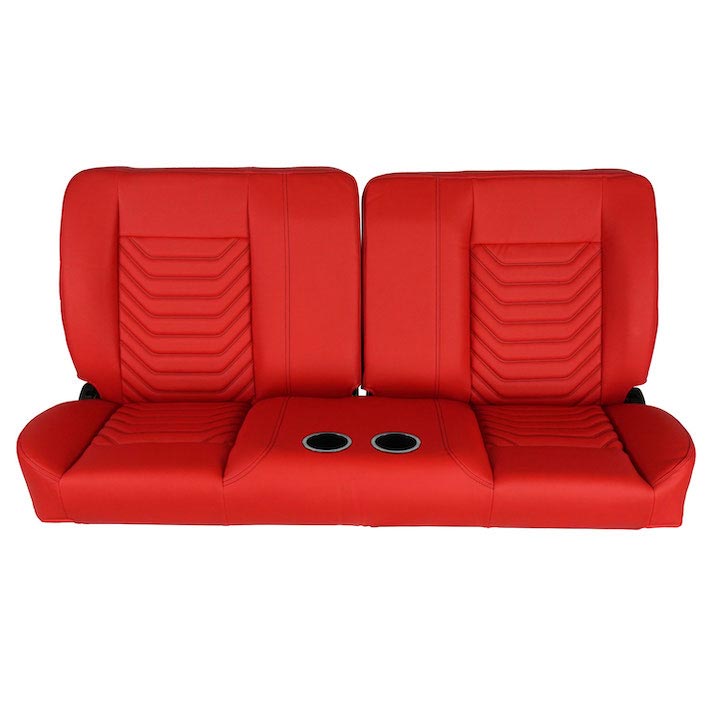 1964-1972 El Camino Front Bench Seat, Red Vinyl Wide Red Inserts Black Stitch, With Cup Holders: RM-BA22X1C