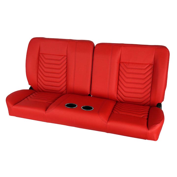 1964-1972 El Camino Front Bench Seat, Red Vinyl Wide Red Inserts Black Stitch, With Cup Holders