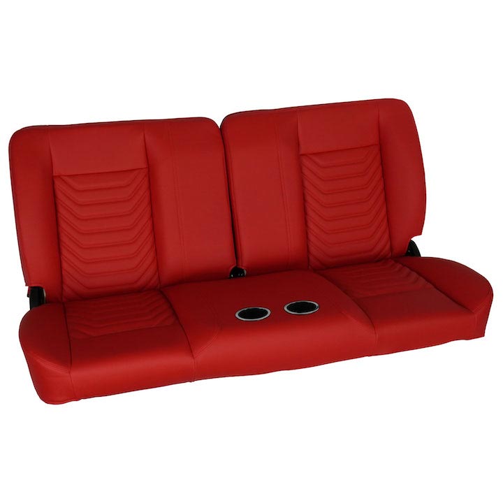 1964-1972 El Camino Front Bench Seat, Red Vinyl Wide Red Inserts Red Stitch, With Cup Holders: RM-BA22X2C