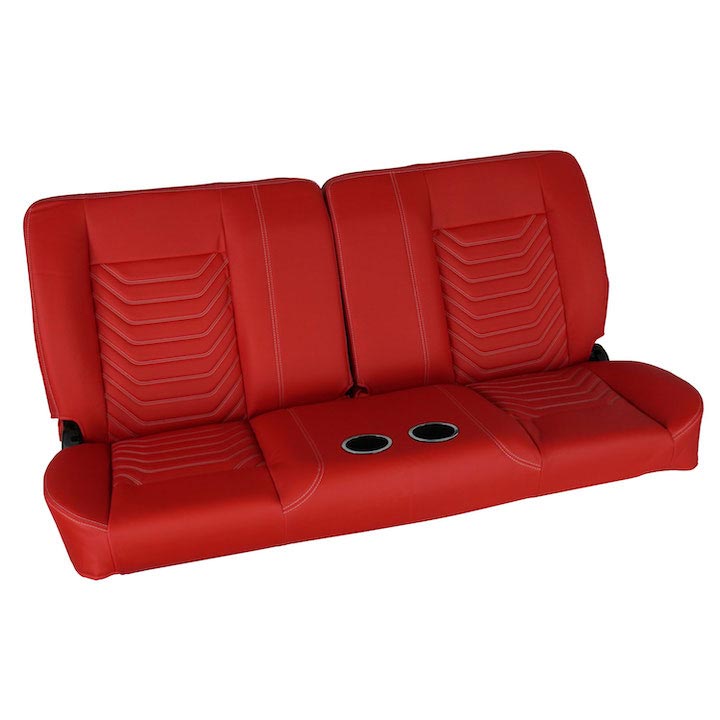 1964-1972 El Camino Front Bench Seat, Red Vinyl Wide Red Inserts White Stitch, With Cup Holders