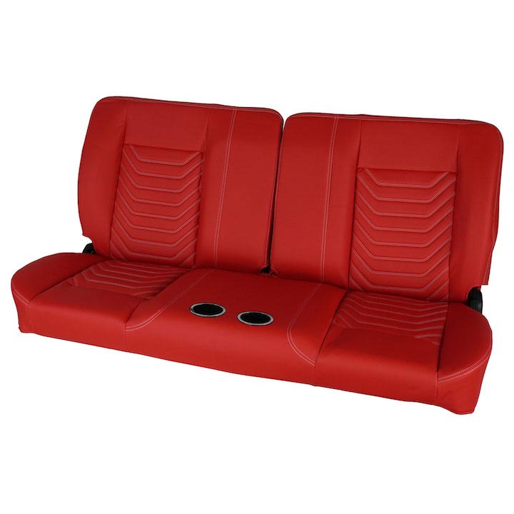1964-1972 Chevelle Front Bench Seat, Red Vinyl Wide Red Inserts White Stitch, With Cup Holders: RM-BA22X6C