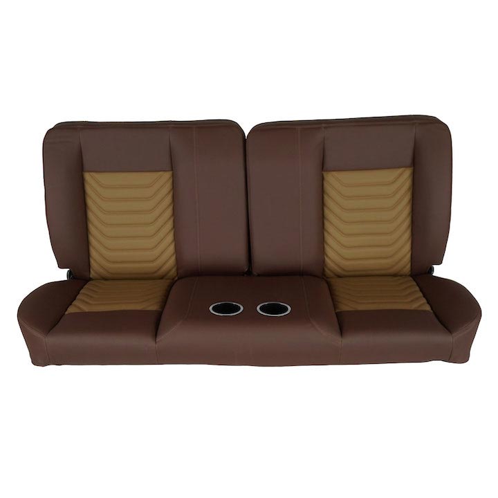 1964-1972 Chevelle Front Bench Seat, Brown Vinyl Camel & Beige Inserts Brown Stitch, With Cup Holders