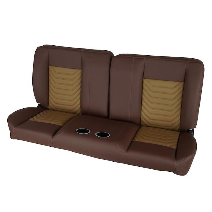 1964-1972 Chevelle Front Bench Seat, Brown Vinyl Camel & Beige Inserts Brown Stitch, With Cup Holders