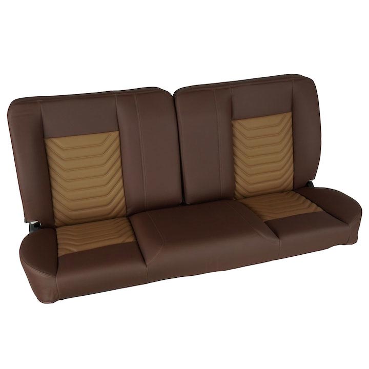 1964-1972 El Camino Front Bench Seat, Brown Vinyl Camel & Beige Inserts Brown Stitch, No Cup Holders