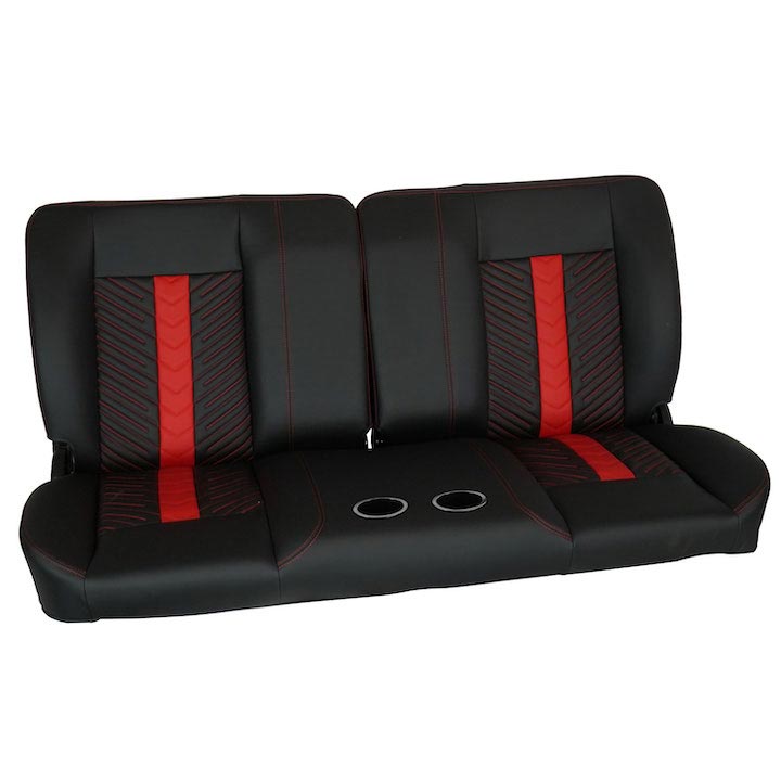 1964-1972 El Camino Front Bench Seat, Black Vinyl Black & Red Inserts Red Stitch, With Cup Holders