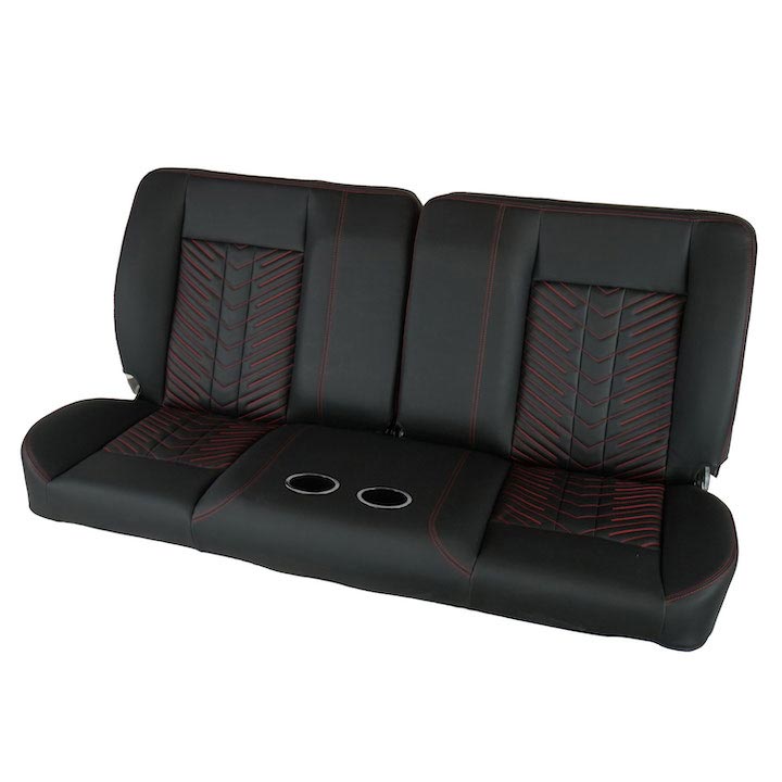 1964-1972 Chevelle Front Bench Seat, Black Vinyl Narrow Black Inserts Red Stitch, With Cup Holders