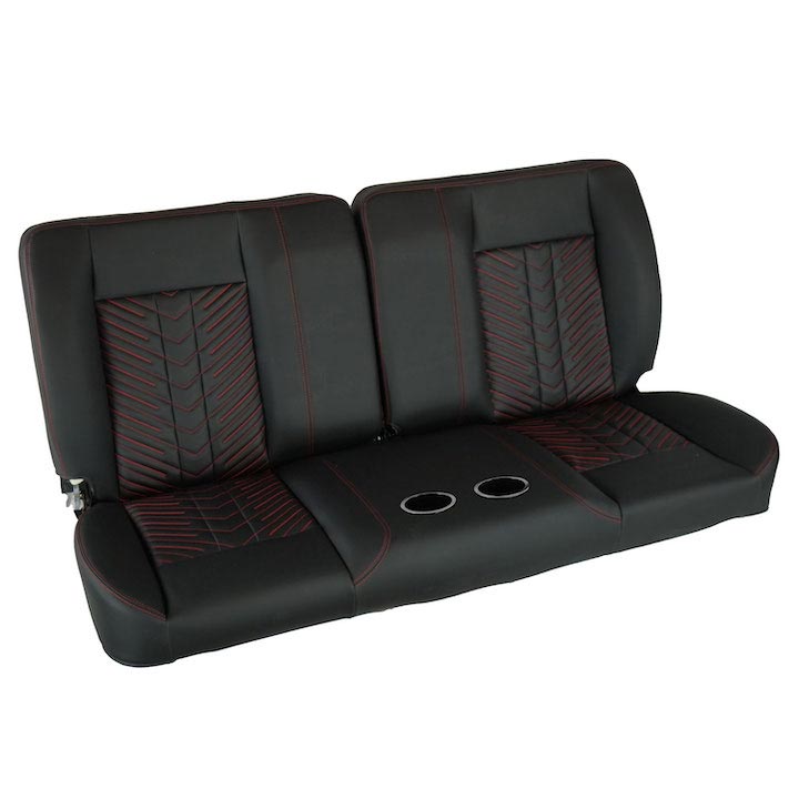 1970-1972 Monte Carlo Front Bench Seat, Black Vinyl Narrow Black Inserts Red Stitch, With Cup Holders