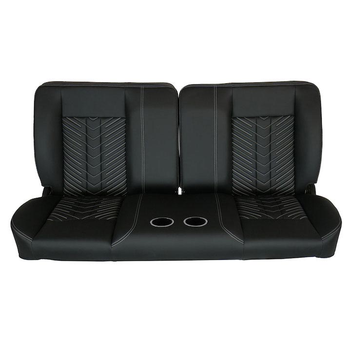 1964-1972 Chevelle Front Bench Seat, Black Vinyl Narrow Black Inserts White Stitch, With Cup Holders: RM-BB11X6C