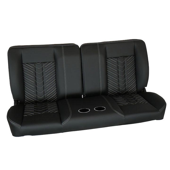 1970-1972 Monte Carlo Front Bench Seat, Black Vinyl Narrow Black Inserts White Stitch, With Cup Holders