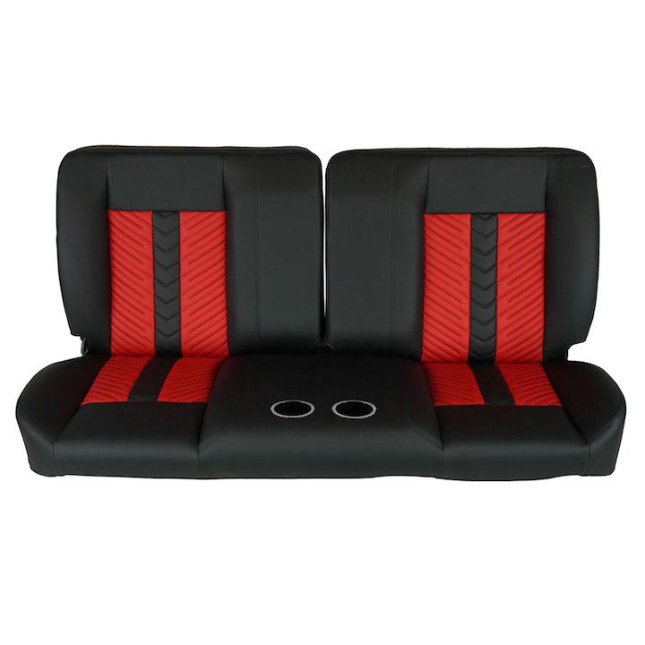 1964-1972 Chevelle Front Bench Seat, Black Vinyl Black & Red Inserts Black Stitch, With Cup Holders: RM-BB1211C