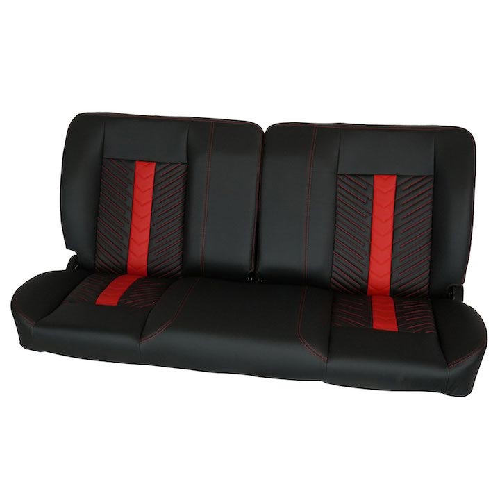 1964-1972 El Camino Front Bench Seat, Black Vinyl Black & Red Inserts Black Stitch, With Cup Holders