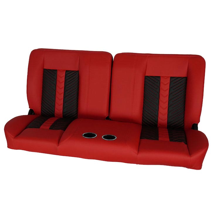 1970-1972 Monte Carlo Front Bench Seat, Red Vinyl Narrow Black & Red Inserts Red Stitch, With Cup Holders