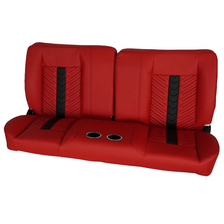 1964-1972 El Camino Front Bench Seat, Red Vinyl Narrow Black & Red Inserts Black Stitch, With Cup Holders