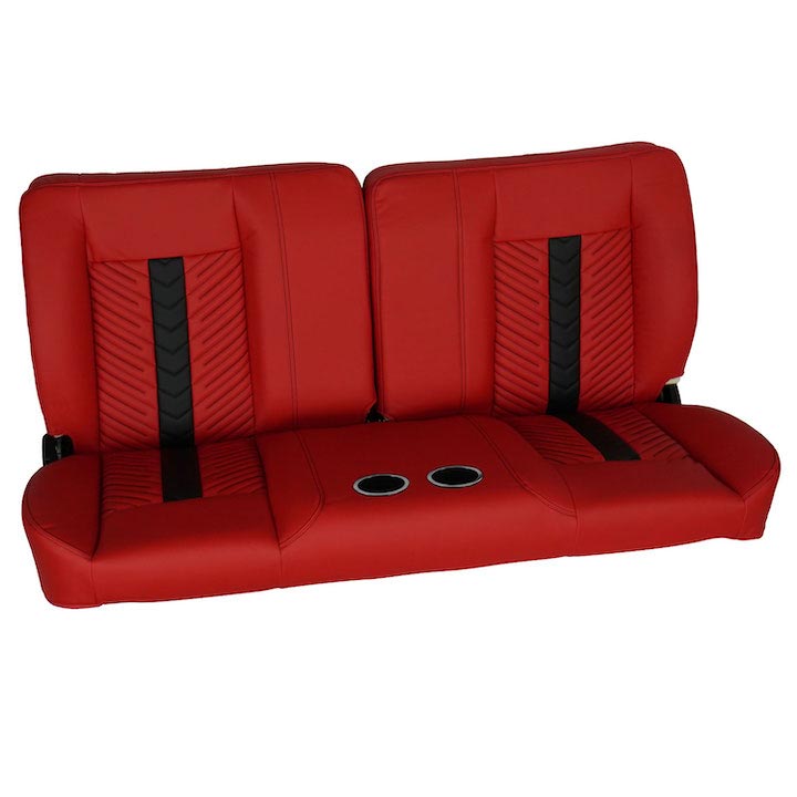 1964-1972 El Camino Front Bench Seat, Red Vinyl Narrow Black & Red Inserts Black Stitch, With Cup Holders: RM-BB2211C
