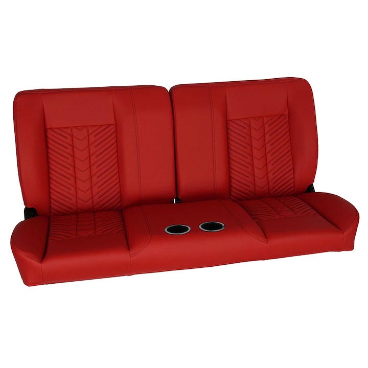 1970-1972 Monte Carlo Front Bench Seat, Red Vinyl Narrow Black Inserts Black Stitch, With Cup Holders