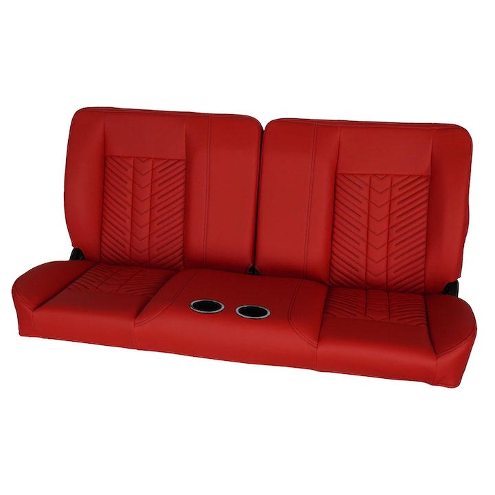 1970-1972 Monte Carlo Front Bench Seat, Red Vinyl Narrow Black Inserts Black Stitch, With Cup Holders