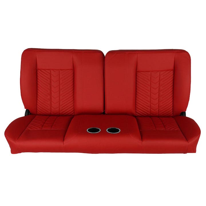 1964-1972 Chevrolet Front Bench Seat, Red Vinyl Narrow Black Inserts Red Stitch, With Cup Holders