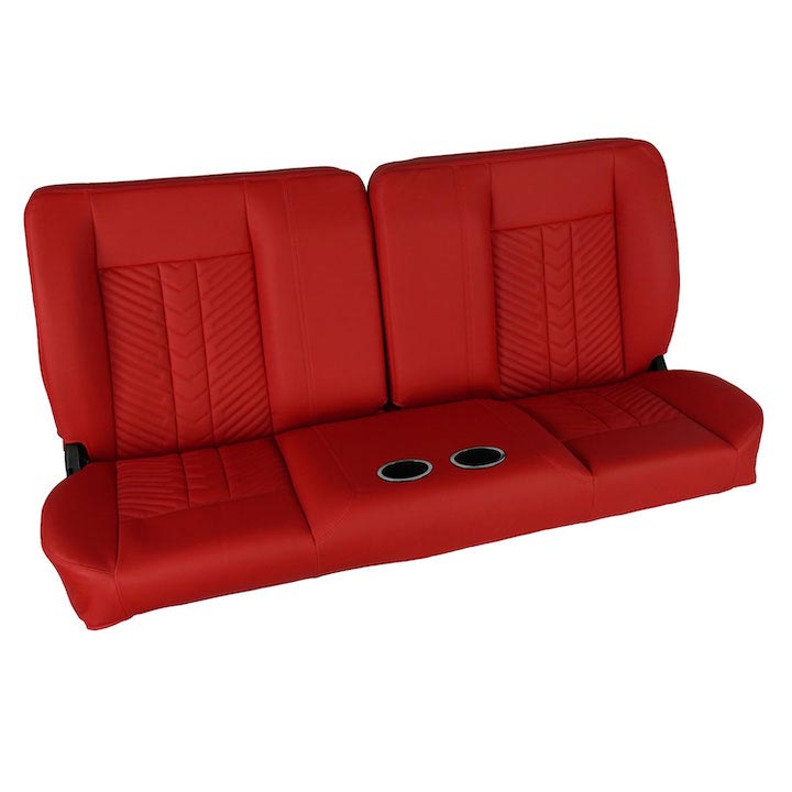1964-1972 Chevelle Front Bench Seat, Red Vinyl Narrow Black Inserts Red Stitch, With Cup Holders
