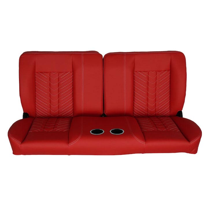 1964-1972 El Camino Front Bench Seat, Red Vinyl Narrow Black Inserts White Stitch, With Cup Holders