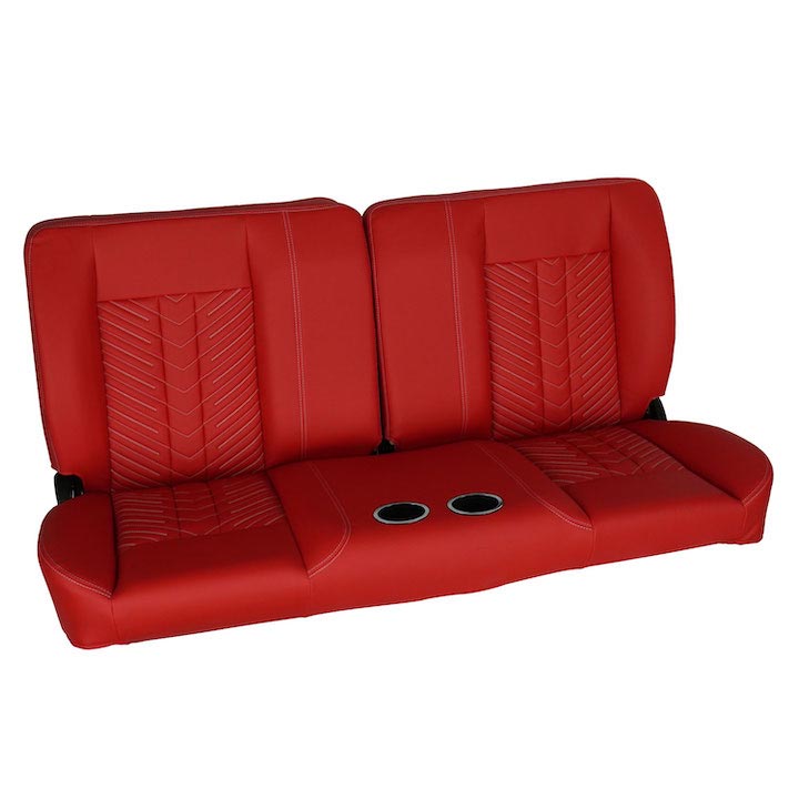 1970-1972 Monte Carlo Front Bench Seat, Red Vinyl Narrow Black Inserts White Stitch, With Cup Holders
